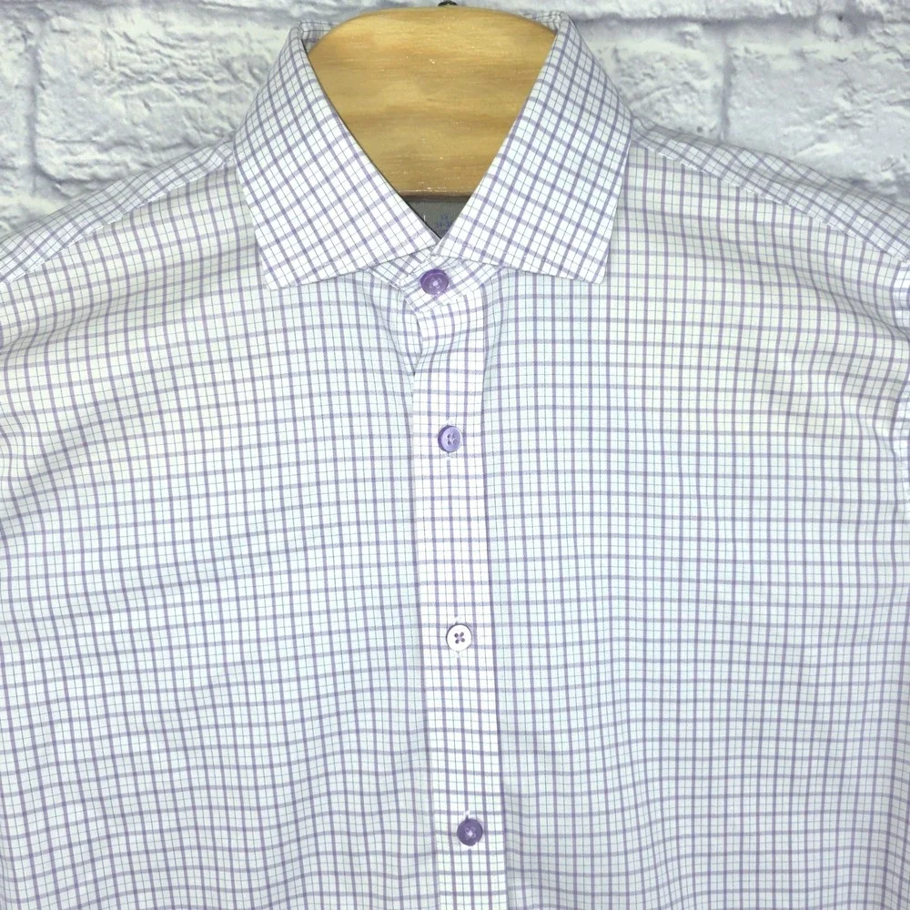Twillory Performance Dress Shirt Mens Tailored Fit Purple Check Stretch 15 34-35